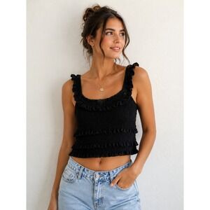 BETTER BE Smocked Ruffle Crop Top Tank Women L Black Boho Minimalist